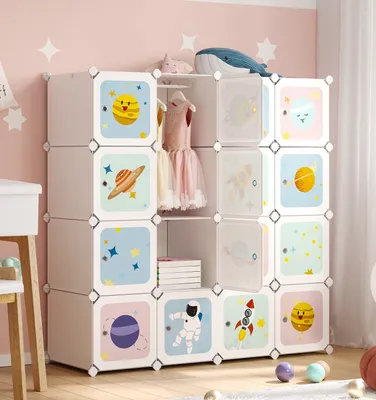 Produktbild von SONGMICS Dětský šatní regál s 16 kostkami, 4 závěsné tyče