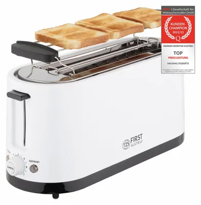 Produktbild von TZS First Austria Toaster, 4 Scheiben Toaster, Langschlitz, 1400W, mit Krümelschublade, Brötchenaufsatz, wärmeisoliertes Gehäuse, Temperatureinstellung, Edelstahlgehäuse, Auftaufunktion, Brotzentrierung