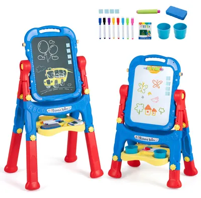 Produktbild von COSTWAY 4-in-1 Kindertafel, Doppelseitige Kinderstaffelei, Höhenverstellbar Maltafel mit Magnettafel, Kreidetafel, Whiteboard & 360° rehbare Tafel, 3+