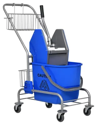 Produktbild von Reinigungswagen Wischmoppeimer 26 Liter mit Mopphalter Auspresssystem 2 Aufbewahrungskörbe rollbar Metallgriff Kunststoff Blau 73 x 45 x 95 cm