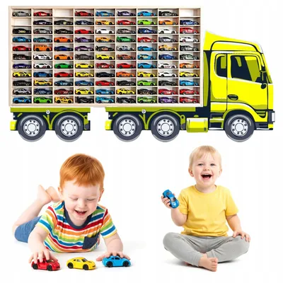 Modellauto-Regal für 80 Autos 1:64 – Wandregal & Setzkasten für Spielzeugautos, Lkw-Motiv, Gelb, Birken-Sperrholz – mit Modellautos an der Wand