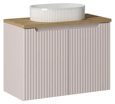 Productafbeelding van Ensemble VANO kasjmier en eik 80cm: onderkast met kastjes + blad voor wastafel + geribbelde witte opzetwastafel
