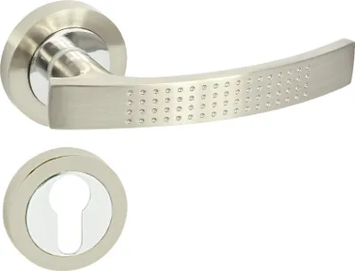 Produktbild von DOMINO Türgriff Drückergarnitur PZ - Profilzylinder Set | Rund-Rosette | Türklinke für Zimmertür, Bürotür, Kellertür & Innentür | Türbeschläge aus Aluminium | Nickel Türdrückergarnitur | ALMA-R ECO M9