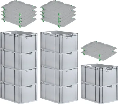Produktbild von SparSet 10x Eurobox NextGen Economy mit Auflagedeckel und 4x Schiebeschnappverschlüsse Grün | Griffe offen | HxBxT 32x40x60cm | 65 Liter | Eurobehälter, Transportbox, Transportbehälter, Stapelbehälter