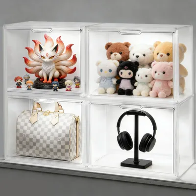 Produktbild von 4 Stück Transparente Acryl Vitrine mit LED 36x22x27 cm, Handtaschen Trenner Organizer, Magnettür-Design Aufbewahrungsbox für Spielzeug Handtasche