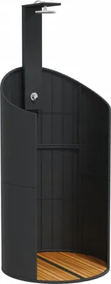 A black outdoor shower with a wooden base, shown against a white background.