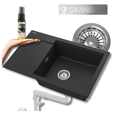 Obrázek produktu pro Granitan – žulový dřez – kuchyňský dřez – bílý – s baterií a odkapávačem – umyvadlo – LOUIS