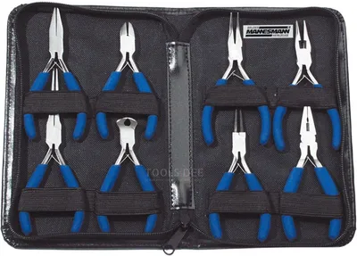 A set of 8 electronic pliers in a black case.