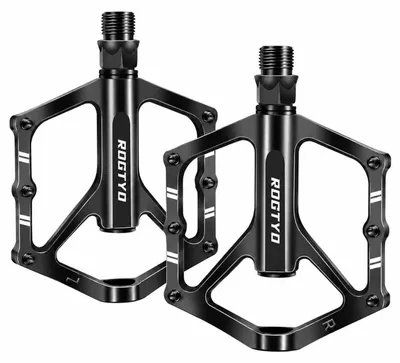 Obrázek produktu pro Hliníkové pedály pro horská kola, váha 304 g (pár), závit 9/16 palců, široká platforma 12,2 x 9,5 cm, dvojité ložiska, protiskluzové kolíky, včetně nářadí