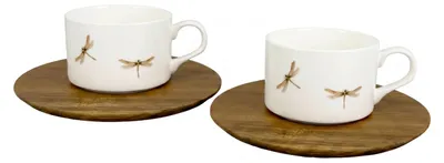 Produktbild von 2er-Set – Porzellantasse „Modern Vážka“ 150 ml mit Untertasse aus Holz – by inspire