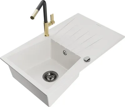 Produktbild von Mexen Cesar 1 Becken-Granitspüle mit Abtropffläche und Mischbatterie Flora, Weiß - 6514-20-670401-57-B