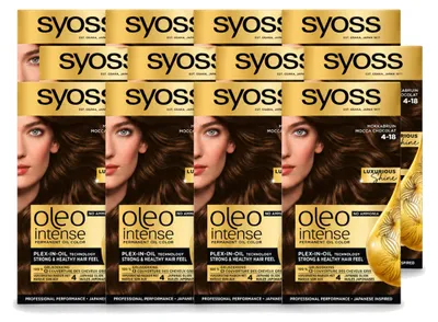Imagen del producto de 12 unidades de tinte permanente para el cabello SYOSS Oleo Intense 4-18, color marrón moka, pack económico
