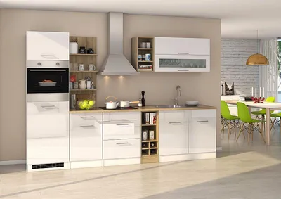 Produktbild von Küchenblock Mailand 300 cm weiß hochglanz mit Glaskeramik Kochfeld