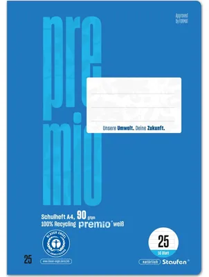 Produktbild von Staufen Green Schulheft, DIN A4, Lineatur 25, 16 Blatt, 90g/qm, 9 mm, liniert, mit Rand