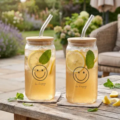 Produktbild von 2er Set Glas Deckel Strohhalm 500ml Be Happy Smiley Bambusdeckel Trinkglas Ice Kaffee Sommerglas Glasbecher
