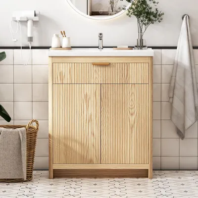 Image de Meuble-lavabo avec meuble de rangement, dimensions 80x47x90 cm. Lavabo en céramique. Tiroirs. Style industriel. Bois et métal