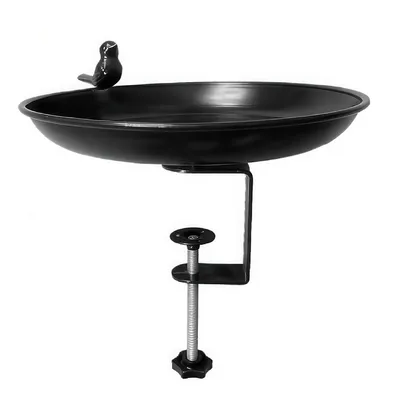 Produktbild von Balkon-Geländerhängendes Vogelbad aus schwarzem Gusseisen, Futterschale und Wasserbecken, frostbeständig, ideal für Balkon, Terrasse, Garten oder Hof