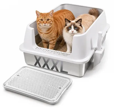 Zdjęcie produktu dla Koci toaleta Ikodm XXL ze stali nierdzewnej, wymiary: 71 x 51 x 30 cm, otwarta, z wysokim brzegiem, przestronna, kolor biały