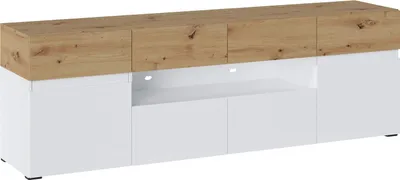 A lowboard TV stand with a white base and a wood-effect top.