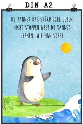 Produktbild von Mr. & Mrs. Panda Bild Pinguin Surfer DIN A2 - Eisblau - Geschenk, Urlaub, drucke, Portugal, Hawaii, Wellen, Motiviert, Optimistisch, wandkunst, wanddeko, Wandbild