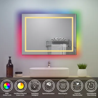 Produktbild von AICA Badspiegel mit RGB-Beleuchtung 70x50cm Beschlagfrei 3 Lichtfarbe Dimmbar Memory-Funktion 1 Stunde automatische LED Wandspiegel IP44