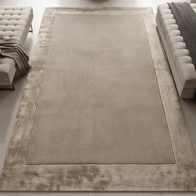 Produktbild von Wollteppich mit Viskosebordüre | Handgewebter Designerteppich | Flachflor 2 cm | Unifarben Beige 160x230 cm | TYNE von KADIMA DESIGN