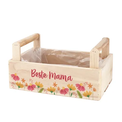 Produktbild von Geschenkbox aus Holz zum selbst Befüllen - mit Blumenmotiv und Aufschrift "Beste Mama"