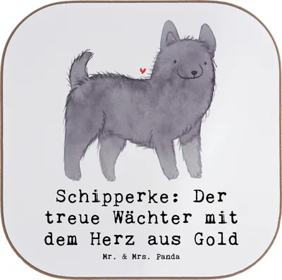 Produktbild von Mr. & Mrs. Panda Untersetzer Tasse Schipperke Wächterherz - Weiß - Geschenk, Wachhund, Hunde, für Gläser, verspielter Hund, Hunderasse, Coaster, Hunderassen Charakter