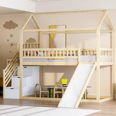 Immagine prodotto di Letto a castello per bambini Sweiko 90x200 cm, letto a soppalco, con scivolo e scaletta per il deposito, struttura in legno massiccio, rete a doghe, colore legno