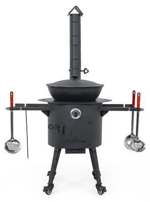 Produktbild von Utschak Feuerofen Ø 40 cm + Gusseisen-Kasan 12 L, runder Boden + Küchenzubehör, Usbekischer Kochtopf aus Gusseisen