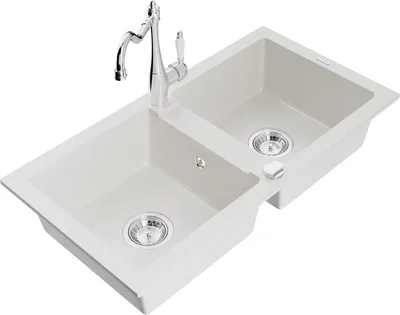 Produktbild von Mexen Mario 2-Becken-Granitspüle mit Mischbatterie Carla, Weiß - 6504-20-670700-00