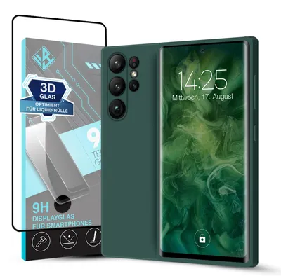 Produktbild von Hülle für Samsung Galaxy S23 Ultra mit 9H Displayglas Displayschutz Case Cover Bumper Smartphone Softgrip Schutzhülle Farbe: Grün