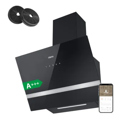 A black kitchen hood with an energy efficiency label, control panel, and a smartphone displaying its interface.
