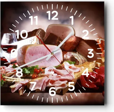 Produktbild von Wanduhr - Quadrat - Glasuhr - Essen Essen Wurst Kräuter - 40x40cm - Schleichendes Uhrwerk - Lautlos - zum Aufhängen bereit - Dekoration Modern - Wanddekoration aus Glas - C4AC40x40-2568