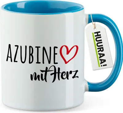 Produktbild von Huuraa Kaffeetasse Azubine mit Herz 330ml Blau Keramik Kaffeebecher Geschenkidee
