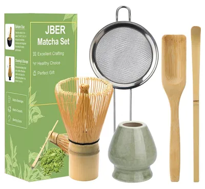 Produktbild von Matcha Besen Set 5-teilig, Bambus Schneebesen 100 Borsten, Keramik Halter, Sieb, Löffel