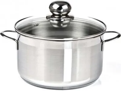 A stainless steel pot with a glass lid and handles, presented against a white background.