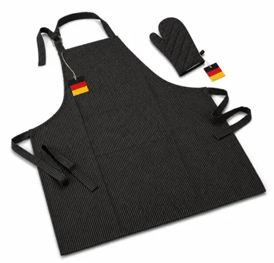Produktbild von Grillschürze Küchenschürze mit Ofenhandschuh 2teilig im Set schwarz/weiss gestreift