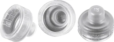Three views of a clear plastic valve cap.