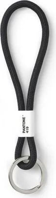 A black lanyard with a silver keyring, shown against a white background.