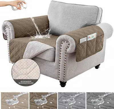 Produktbild von Sofa Bezug Wasserdicht für 1/2/3-Sitzer Rutschfest mit Seitentaschen Band Silikonpunkt, Sofa Überzug Sofaschoner Kratzfest Geometrisch, Taupe 1-Sitzer