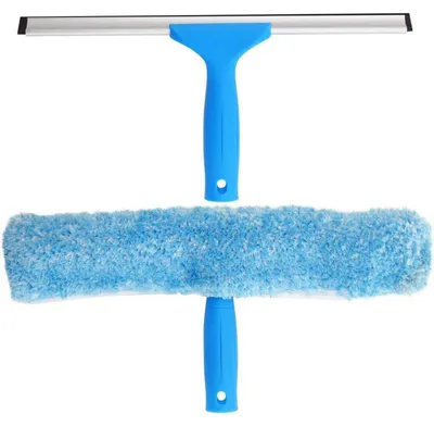 Obrázek produktu pro Sada na čištění oken, kombinace stěrky a hadříku, 2v1, čistič oken, 35 cm, modrá, stříbrná