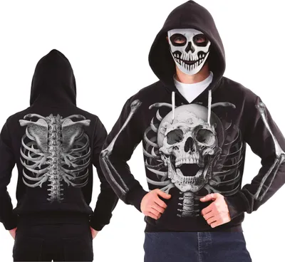 Productafbeelding van Skelettenkostuum voor heren, zwart, met masker, capuchon en hoodie, motief: schedel, geschikt voor Halloween of carnaval, maat: 52 - 54 (L), kleur: zwart
