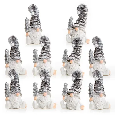 Produktbild von 10 Wichtel Figuren silber weiß mit Tannenbaum + Zipfelmütze glitzernd 7 cm