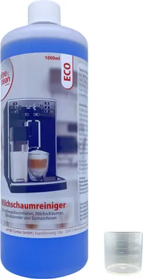 A bottle of blue cleaning liquid with a small measuring cup next to it. The bottle has a label with a picture of a coffee machine and text.