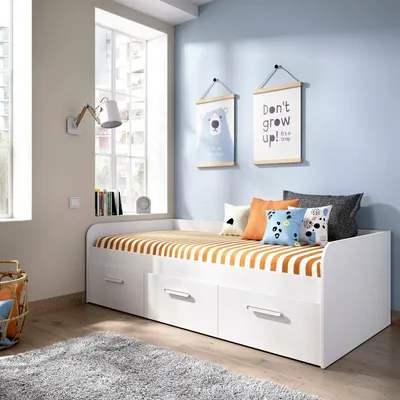 Produktbild von Kinderbett Daabou, Bettkasten für Schlafzimmer, Struktur für Einzelbett mit 3 Schubladen, 194 x 97 x 60 cm, Weiß