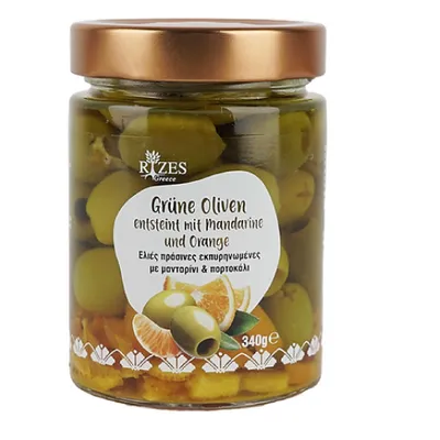 Produktbild von Rizes Greece Grüne Oliven entsteint mit Mandarinen und Orangen (340g)