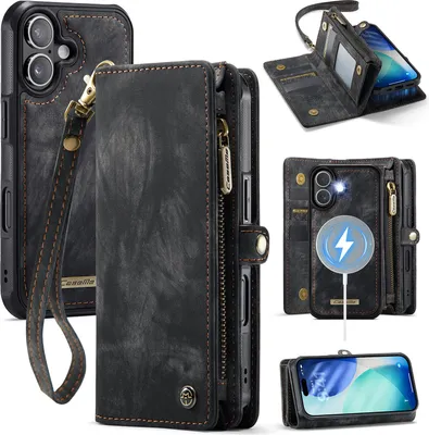 Image de Housse de protection pour iPhone 17, étui en cuir vintage multifonctions, emplacements pour cartes, étui zippé Noir