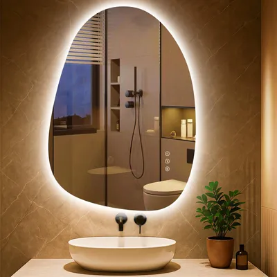 Produktbild von PESENXAN Asymmetrischer LED-Badspiegel mit Beleuchtung 83x60 cm, Beschlagfrei, 3 Lichtfarben Einstellbare Spiegel Bad mit Beleuchtung,Dimmbar, mit Memory-Funktion, Energiesparend,Horizontal/Vertikal