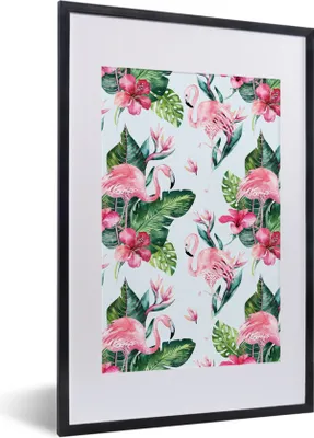 Produktbild von MuchoWow® MuchoWow® Gerahmtes Poster Muster - Blätter - Flamingo 40x60 cm - Poster mit zchwarzem Bilderrahmen - Poster in Rahmen